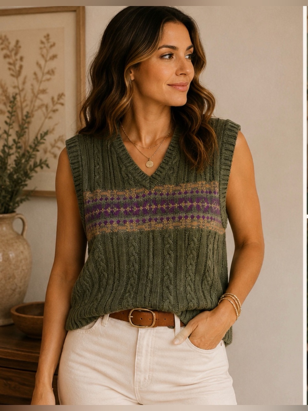 Vintage GAP Cable Knit Sweater Vest L Olive Green Fair Isle Purple Preppy 90s